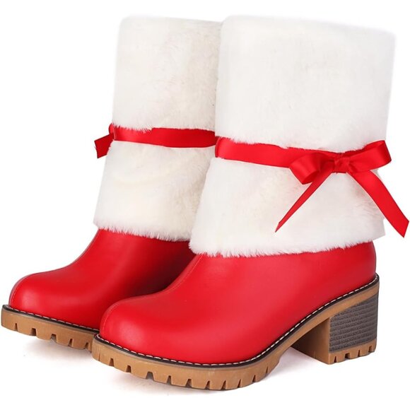 ⚡Women's Red Leather Stacked Chunky Heel Christmas Ankle Boots Warm Fur Lined - Picture 1 of 7